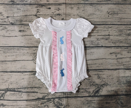 SR2545Baby Girls Short Sleeve Polka Dots Bunny Easter Romper Spring Summer Outfit Children's Clothing