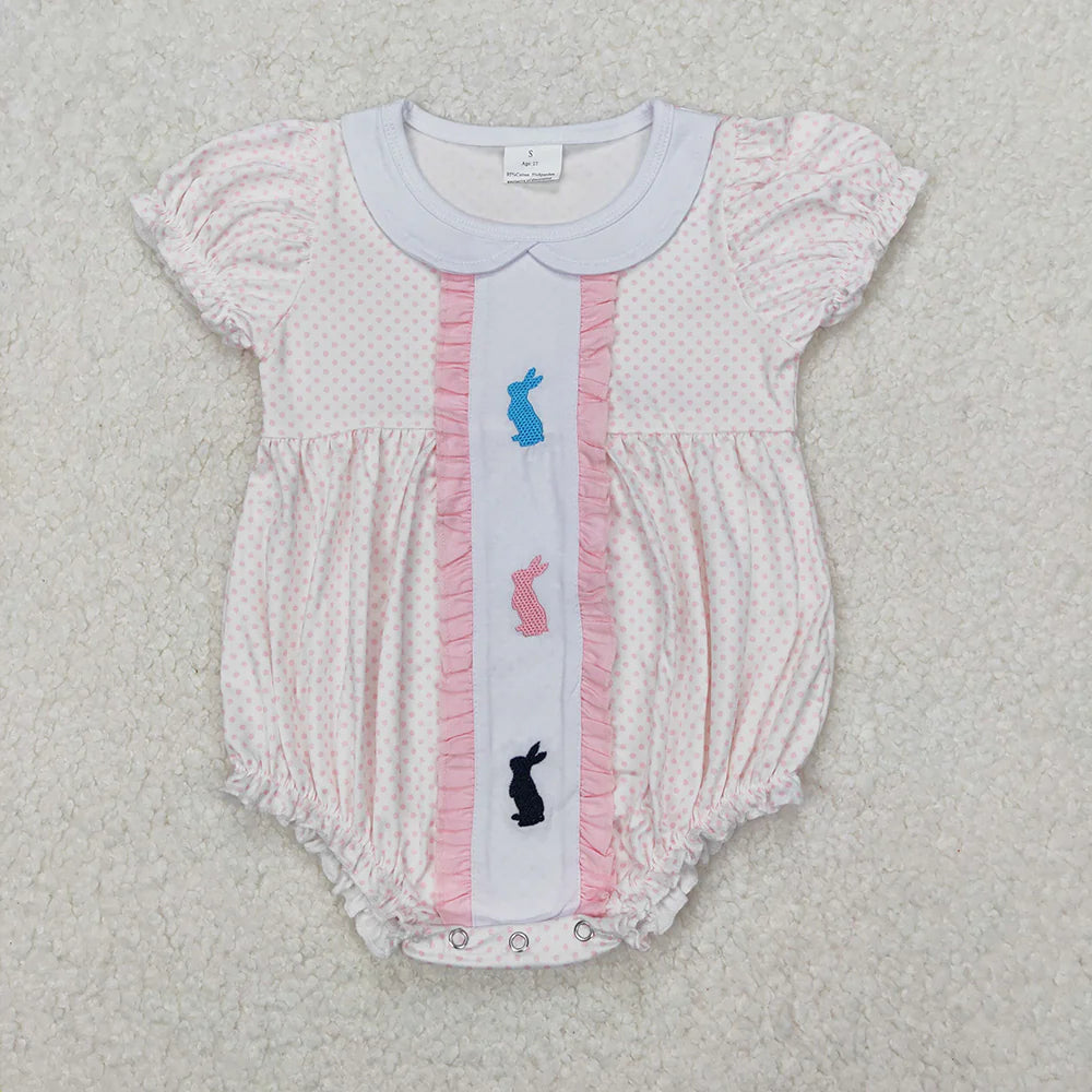 12.5 RTS Embroidery Baby Girls Easter Rabbits Polka Dots Rompers Dresses