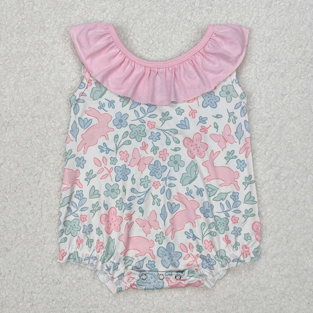SR2546Floral Bunny Baby Girls Sleeveless Ruffle Romper Easter Outfit Spring Summer Casual Kids Clothing
