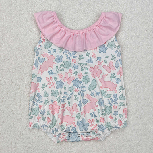 SR2546Floral Bunny Baby Girls Sleeveless Ruffle Romper Easter Outfit Spring Summer Casual Kids Clothing