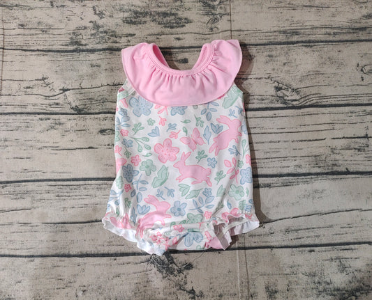 SR2546Baby Infant Girls Easter Rabbits Pink Flowers Rompers