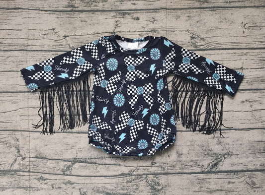 SR2552Sweet Turquoise Plaid Bow and Tassels Western Romper for Little Babies