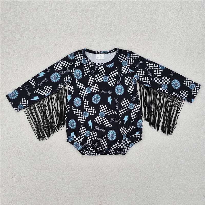 6.07   Western Baby Romper Turquoise Plaid Bow Howdy Tassels Design Comfortable Cotton Outfit for Infants