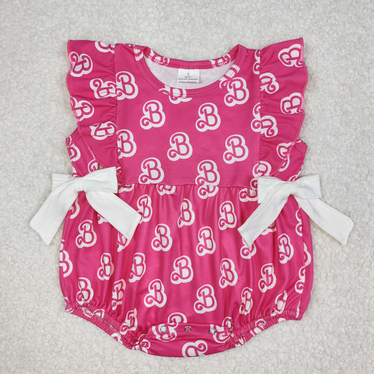 SR2567Baby Girls Ruffle Hot Pink B Bow Party Romper Cute Infant Girl Outfit with Bow Detail for Special Occasions