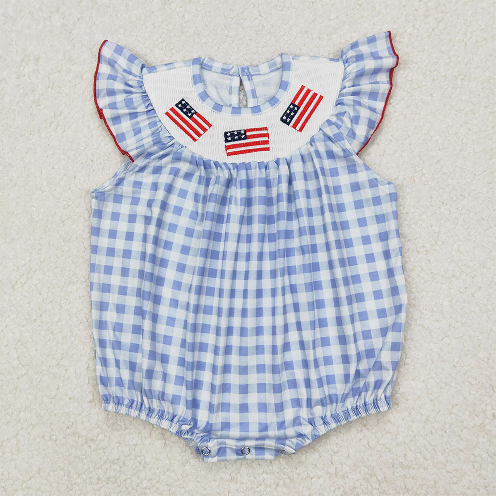 4.11 RTS NO MOQ Light blue plaid flag smocked girls 4th of july dresses romper