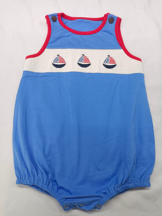 SR2574Light Blue Boat Smocked Baby Boys 4th of July Romper Summer Outfit for Infants Boy's Clothing