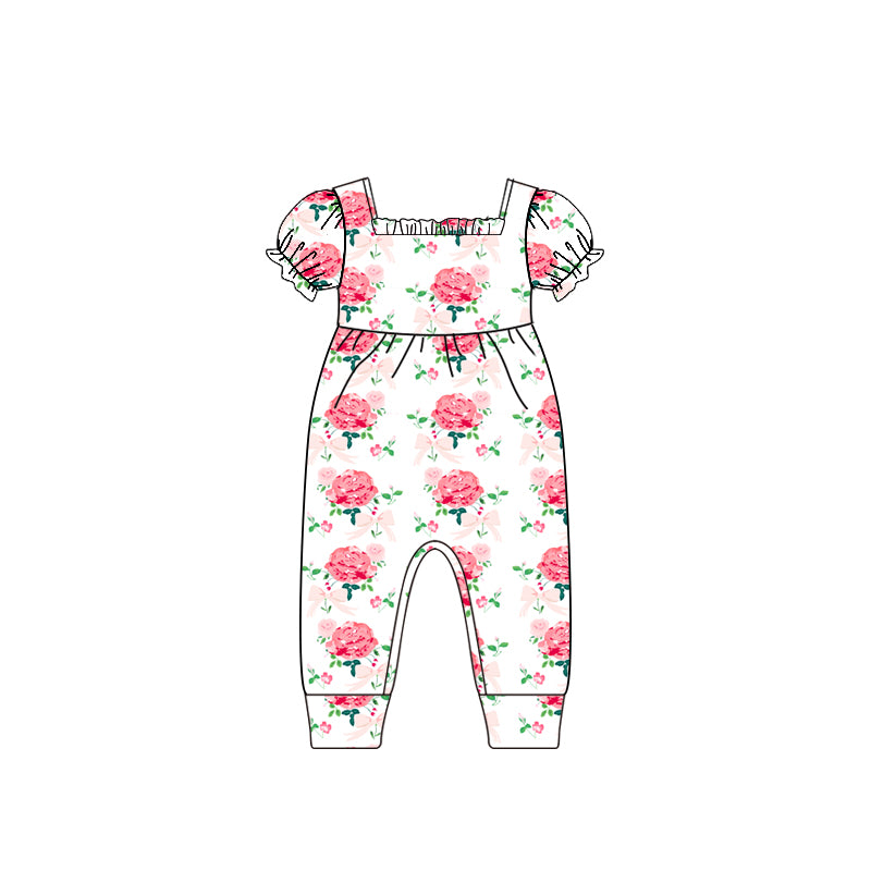 SR2577Short sleeves white pink floral baby girls spring romper
