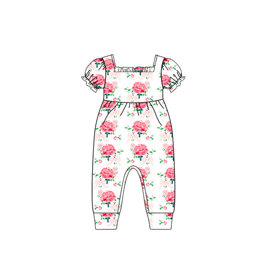 SR2577Short sleeves white pink floral baby girls spring romper