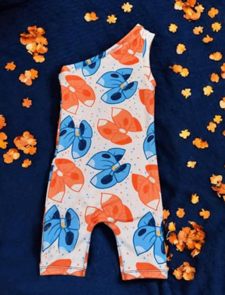SR2578One shoulder yellow blue dog bow baby girls romper