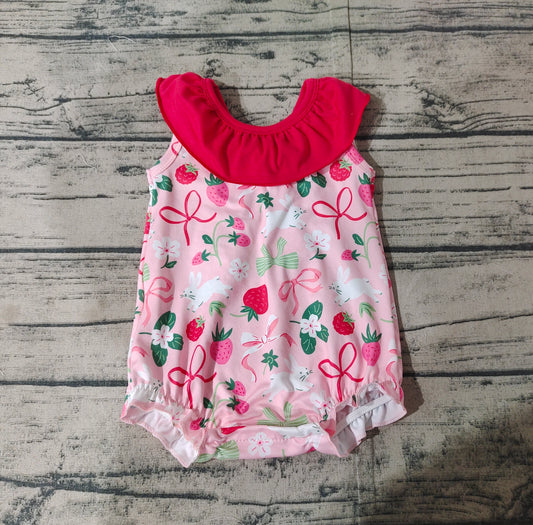 SR2582Girls Sleeveless Ruffle Strawberry Rabbit Bow Romper Easter Outfit Cute Spring Summer Clothing for Kids