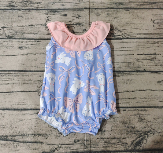 SR2583Baby Girls Sleeveless Ruffle Bunny Bow Romper Easter Outfit Spring Summer Casual Comfortable Clothes for Infants