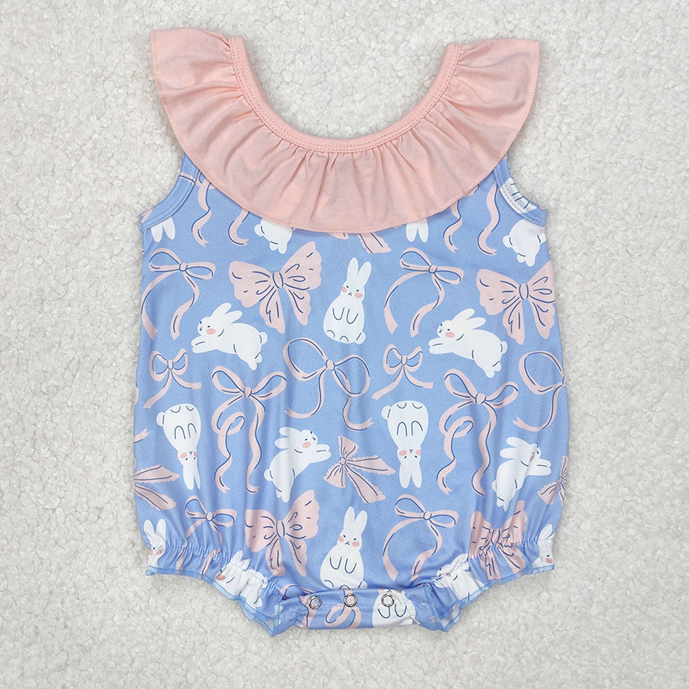 SR2583Baby Girls Sleeveless Ruffle Bunny Bow Romper Easter Outfit Spring Summer Casual Comfortable Clothes for Infants