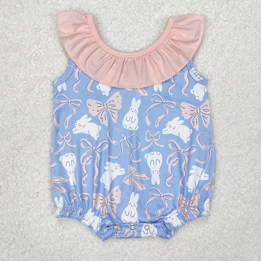 SR2583Baby Girls Sleeveless Ruffle Bunny Bow Romper Easter Outfit Spring Summer Casual Comfortable Clothes for Infants