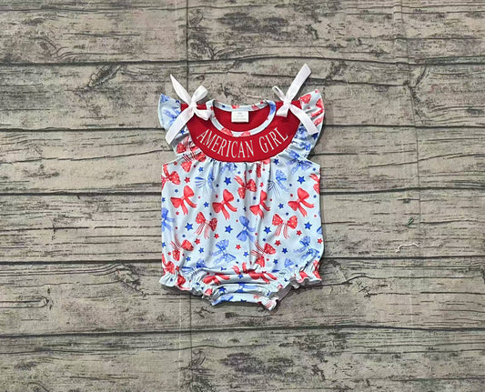 SR2589American girl red blue bow baby 4th of july romper