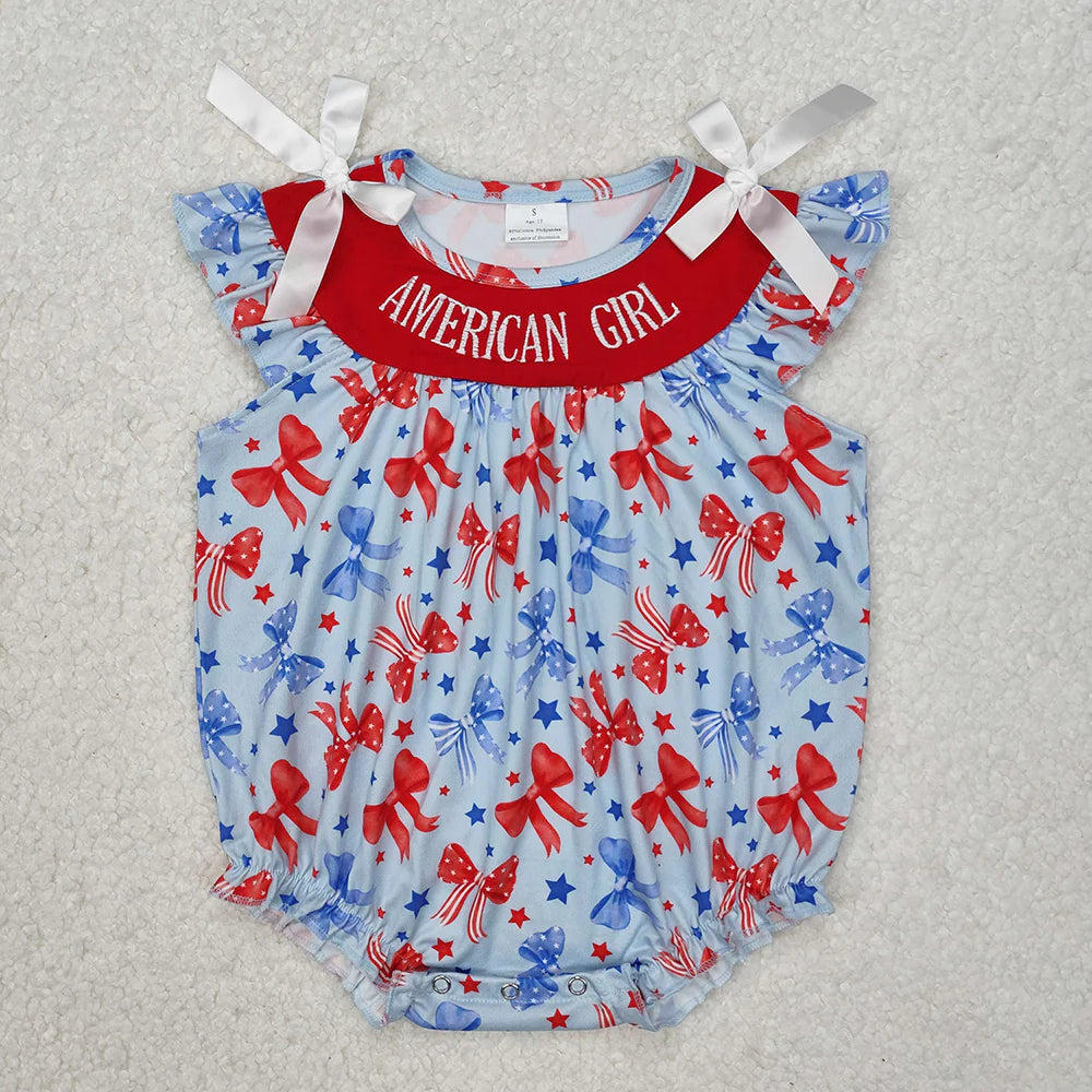 12.10 RTS Sibling Embroidery Baby Girls American Girl Bows Rompers Dresses
