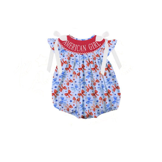 SR2589American girl red blue bow baby 4th of july romper