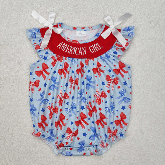 SR2589American Girl Baby 4th of July Romper Red Blue Bow Outfit for Infants Girls Celebration Clothing