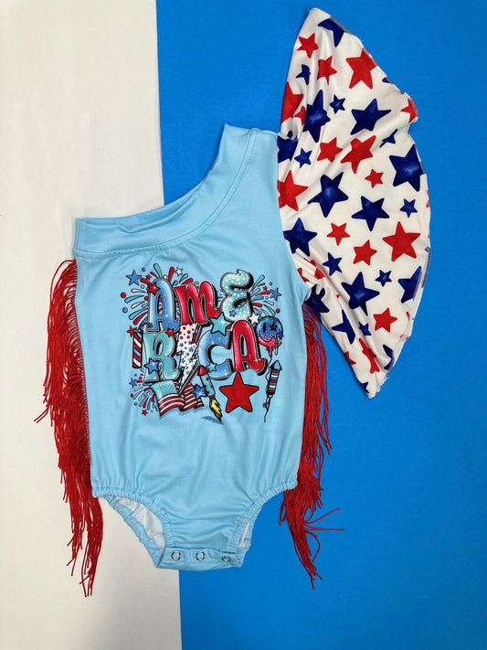 SR2590One shoulder stars tassels American baby 4th of july romper