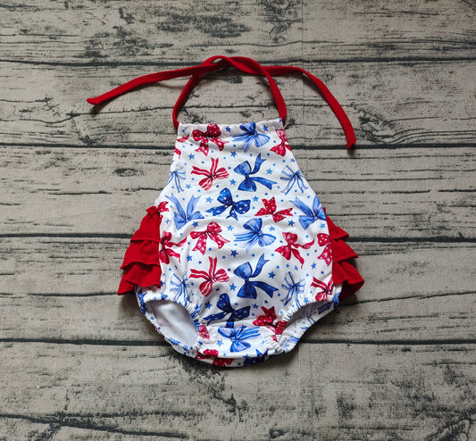 SR2591Red Ruffle Stars And Stripes Bow Halter Baby Romper for 4th of July Girls Outfit with Capris Pants