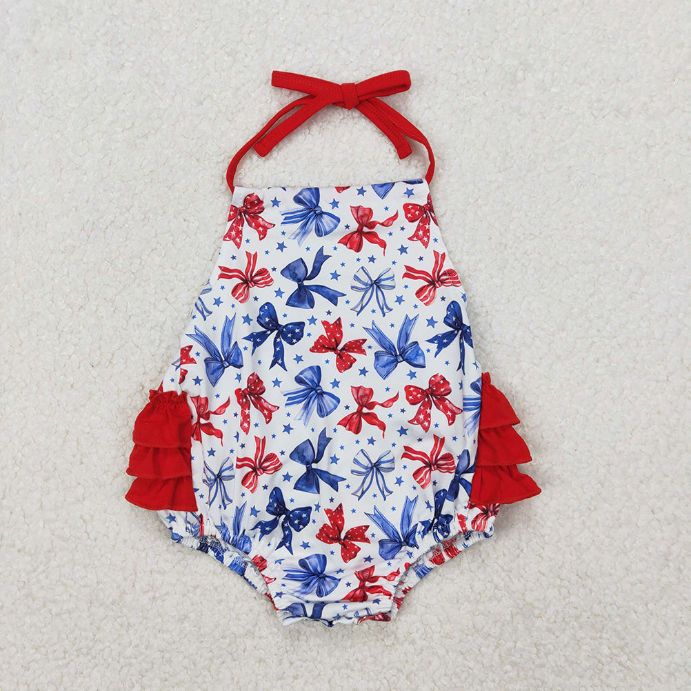 6.04   Girls Halter Top Shorts Set Stars Stripe Bow 4th of July Outfit Red White And Blue Patriotic Clothing for Kids