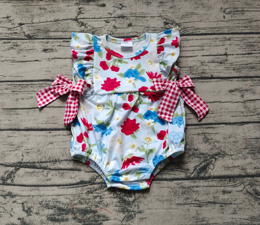 SR2593Red Blue Floral Ruffle Baby Girls 4th of July Romper Cute Patriotic Floral Print Baby Girl Outfit for July 4th Celebration