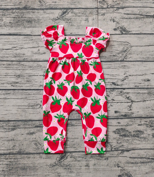 SR2597Short sleeves strawberry floral baby girls romper