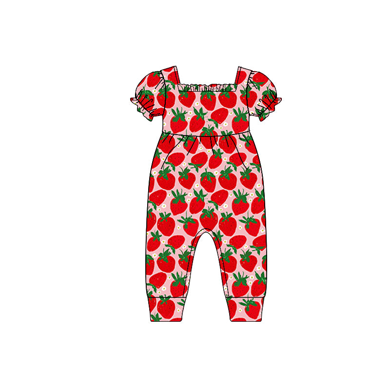Red short sleeves strawberry baby girls pajamas