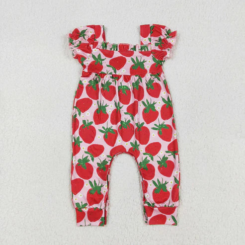 9.17  RTS Sibling Baby Girls Red Short Sleeves Strawberry Bows Ruffle Shorts Clothes Sets Footie Rompers