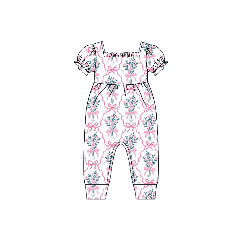 Pink ruffle short sleeves floral bow baby girls pajamas