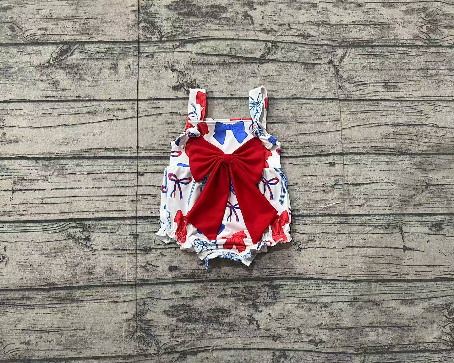 SR2606Straps red blue bow baby girls 4th of july romper