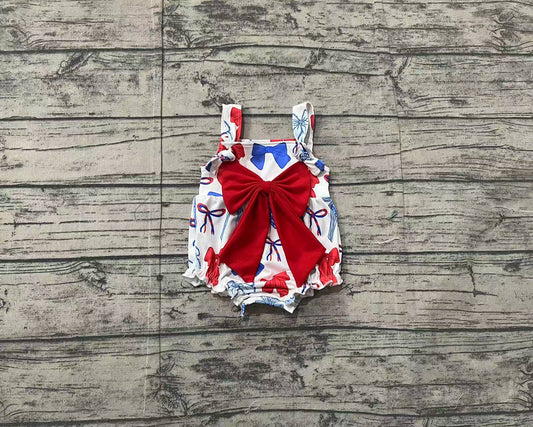 SR2606Straps red blue bow baby girls 4th of july romper