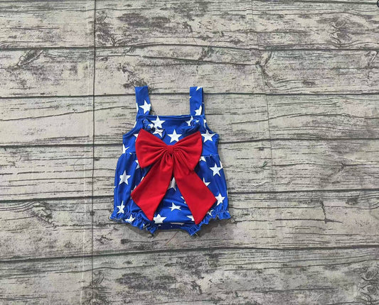 SR2607Blue stars strap red bow baby girls 4th of july romper