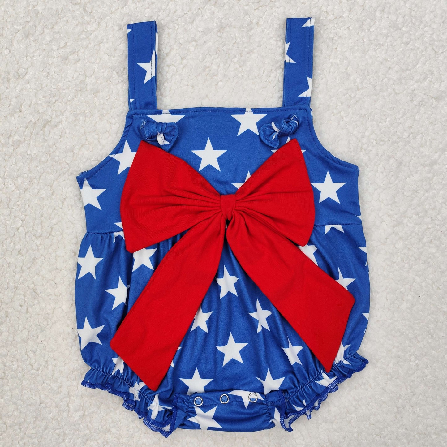 SR2607Baby Girls Blue Stars Strap Red Bow Romper 4th of July Outfit Summer Casual Infant Clothing