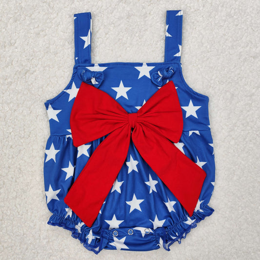 SR2607Baby Girls Blue Stars Strap Red Bow Romper 4th of July Outfit Summer Casual Infant Clothing