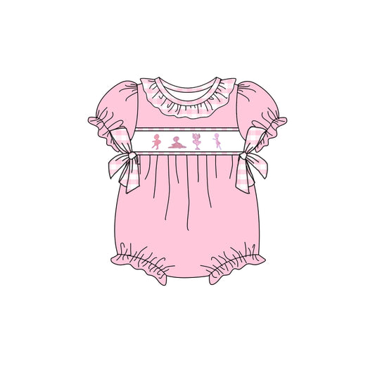 SR2608Pink short sleeves dance plaid bow baby girls romper