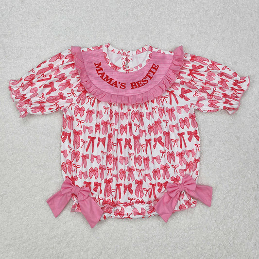 USA Warehouse (IN STOCK) SR2620 Baby Girls Summer Romper Baby Infant Girls Pink Bows Mama's Bestie Smocked Rompers