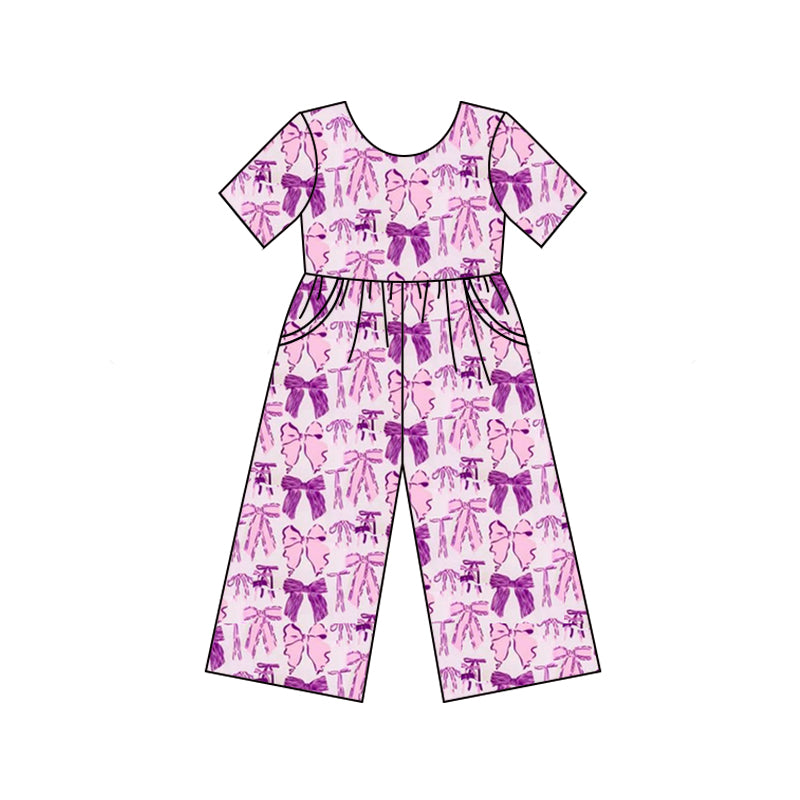 SR2643Purple short sleeves bow pocket girls jumpsuit