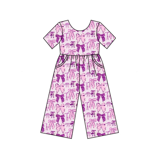 SR2643Purple short sleeves bow pocket girls jumpsuit