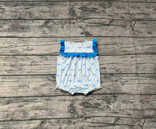 SR2648Blue ruffle floral bow stripe baby girls romper