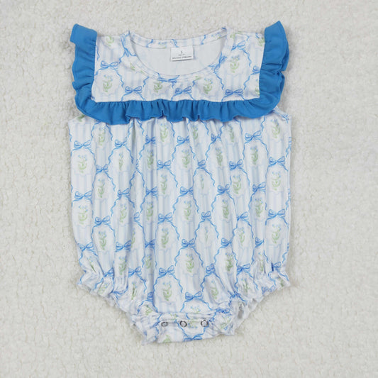 SR2648Adorable Blue Ruffle Floral Bow Stripe Baby Girls’ Rompe