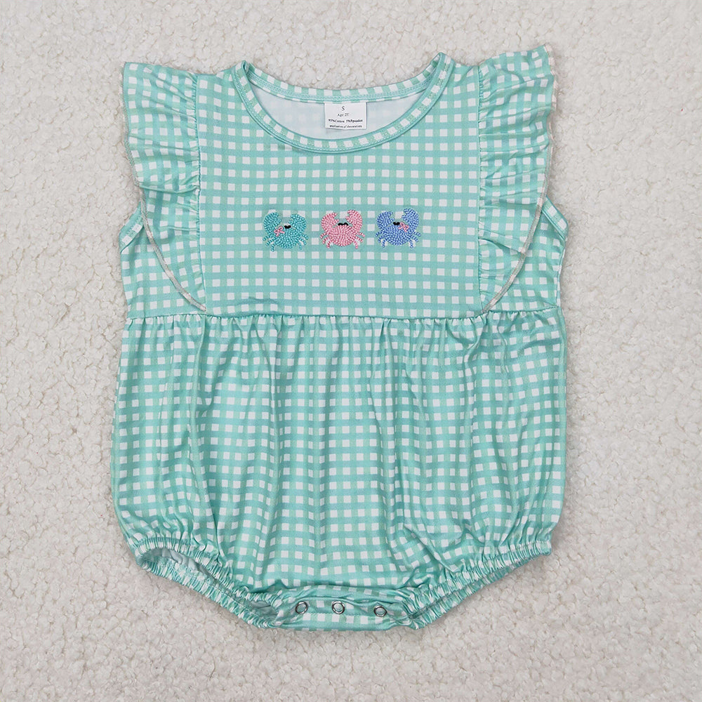 6.11   SR2659 RTS NO MOQ Baby Girls Summer Romper Flutter sleeves plaid crab baby girls summer romper