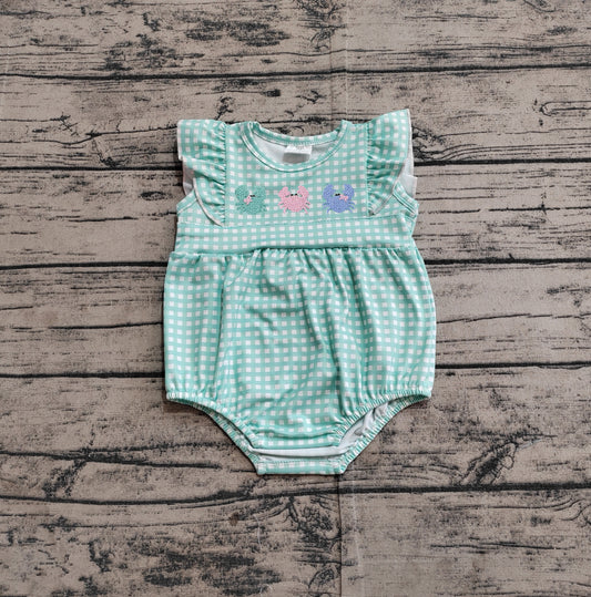 SR2659Green Checkered Rompers Embroidery Baby Infant Girls Crabs Design Clothing for Little Girls