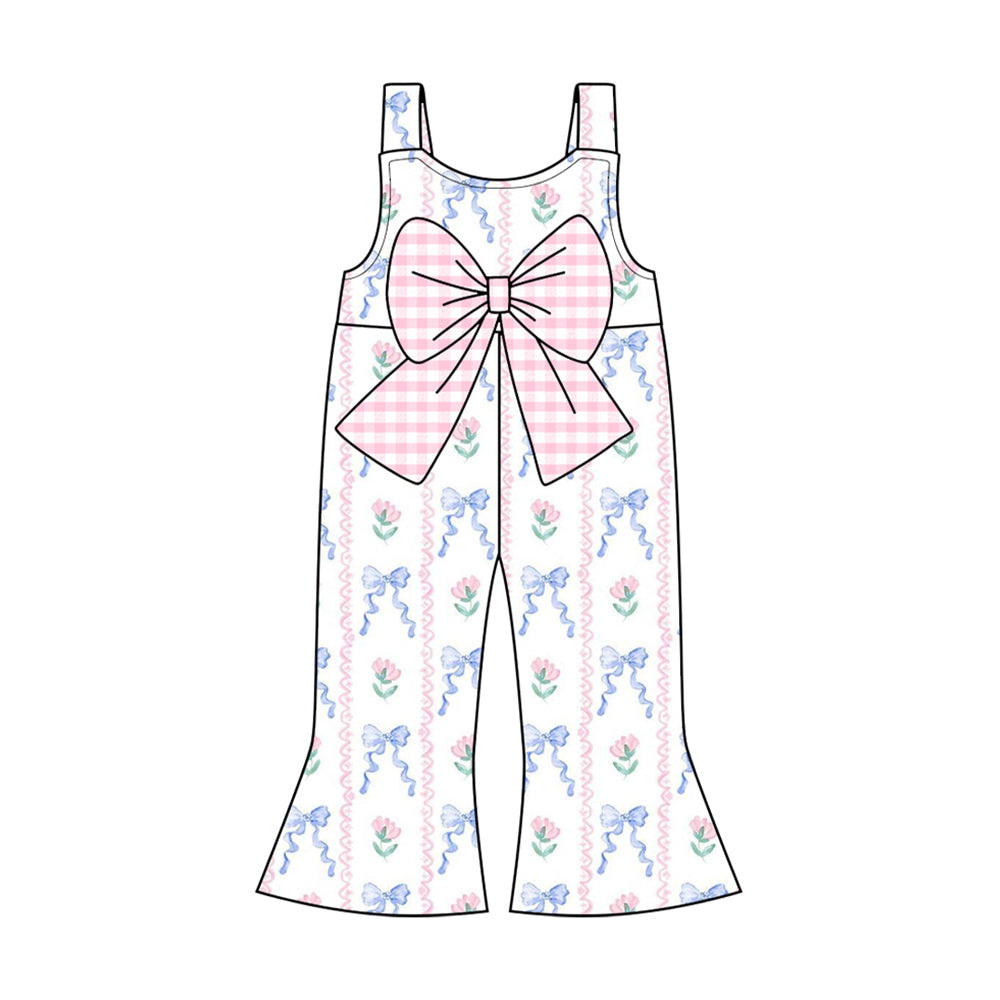 Pink plaid bow floral baby girls summer jumpsuit