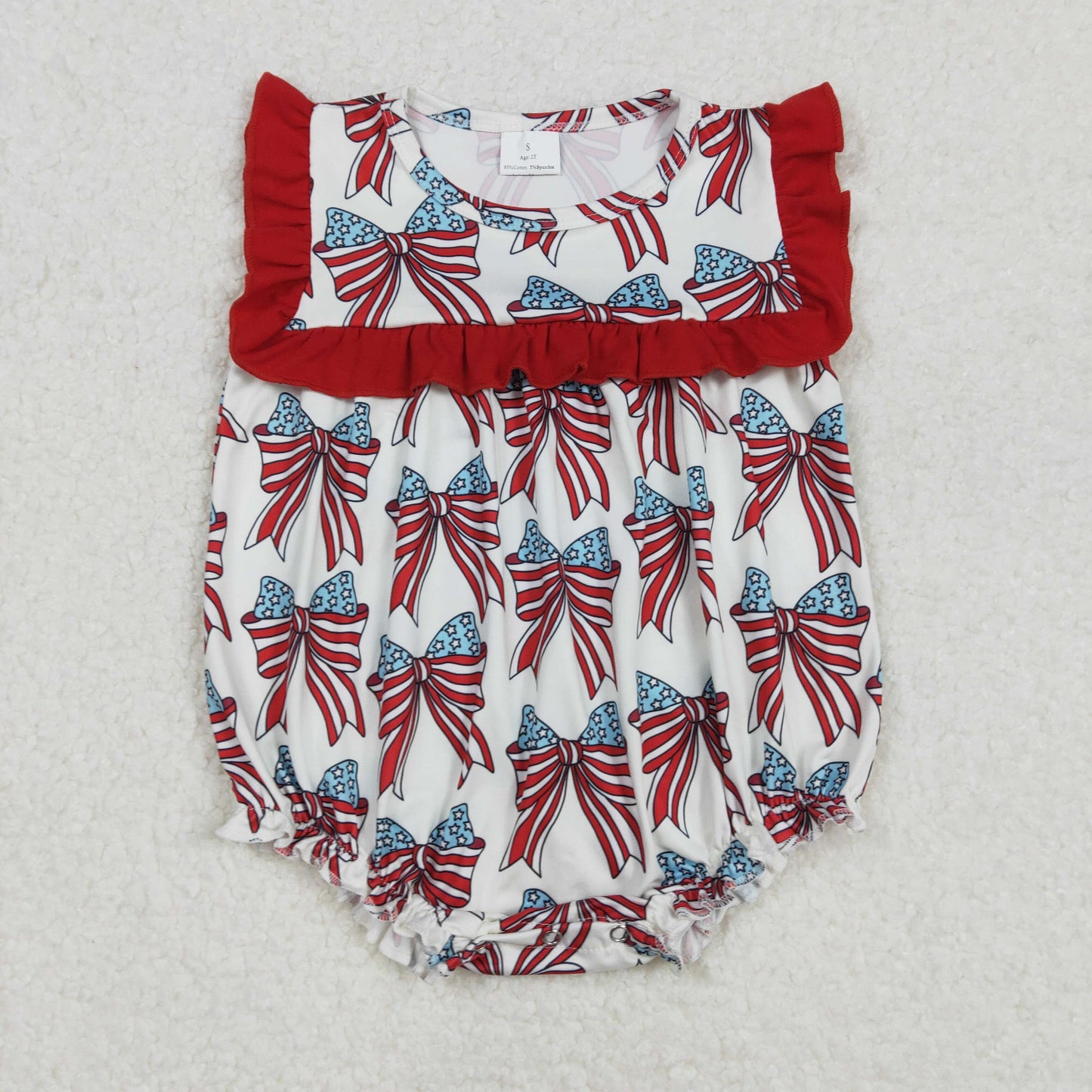 SR2664RTS NO MOQ  Baby Girls Summer Rompers Red Ruffle Stars And Stripes Bow Baby Girls 4th of July Romper Cute Patriotic Outfit for Little Ones