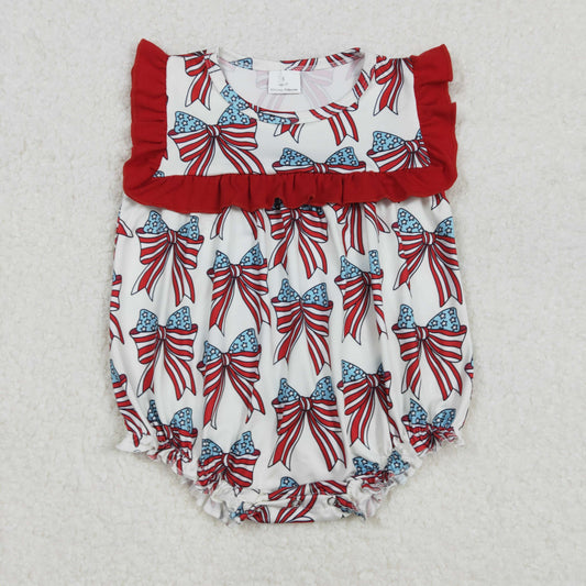 SR2664RTS NO MOQ  Baby Girls Summer Rompers Red Ruffle Stars And Stripes Bow Baby Girls 4th of July Romper Cute Patriotic Outfit for Little Ones