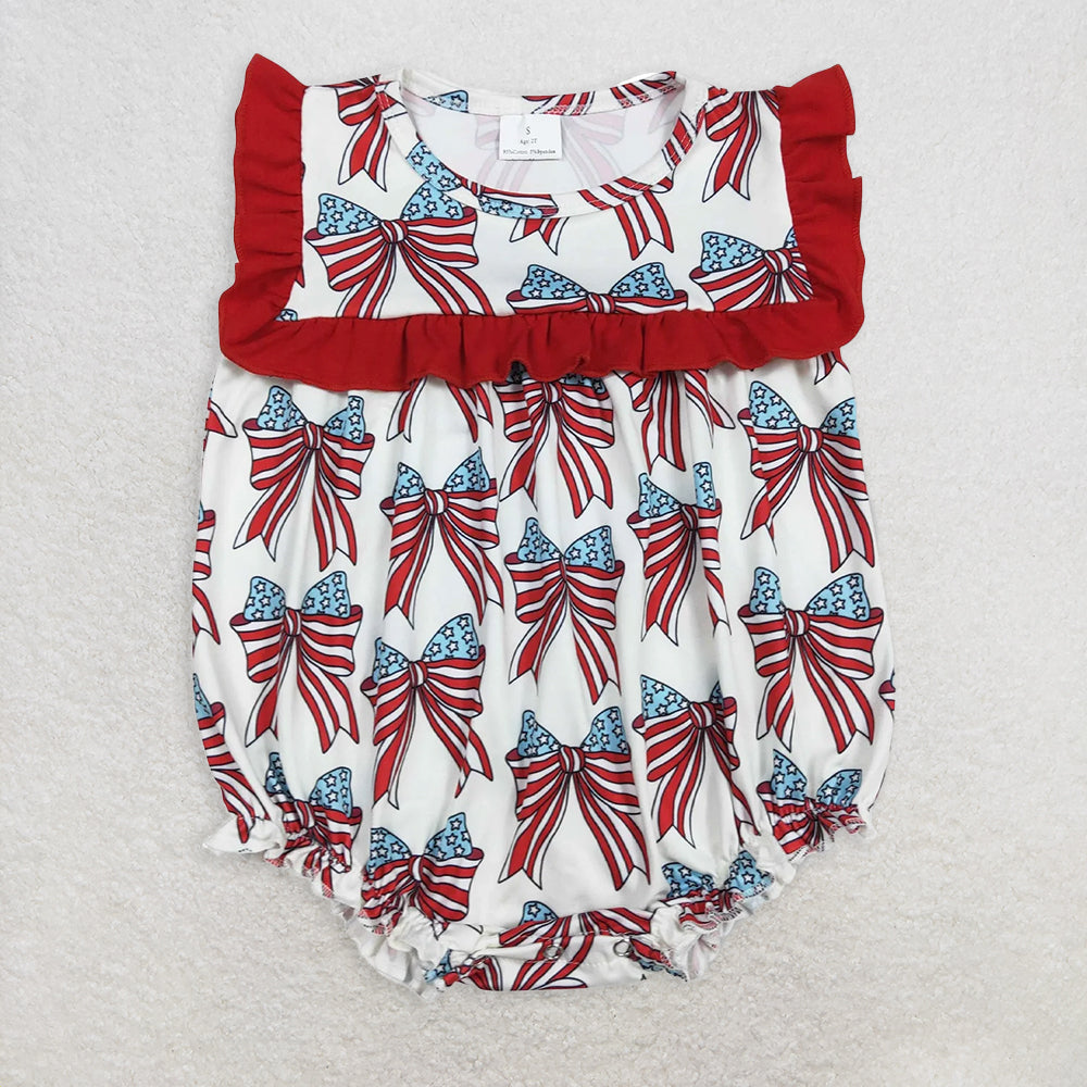 SR2664RTS NO MOQ  Baby Girls Summer Rompers Red Ruffle Stars And Stripes Bow Baby Girls 4th of July Romper Cute Patriotic Outfit for Little Ones