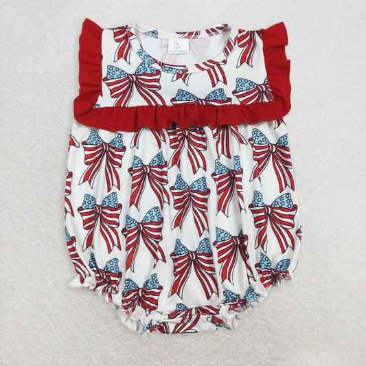 SR2664RTS NO MOQ  Baby Girls Summer Rompers Red Ruffle Stars And Stripes Bow Baby Girls 4th of July Romper Cute Patriotic Outfit for Little Ones