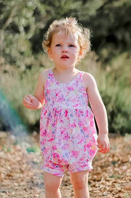 SR2665Pink floral straps baby girls spring summer romper