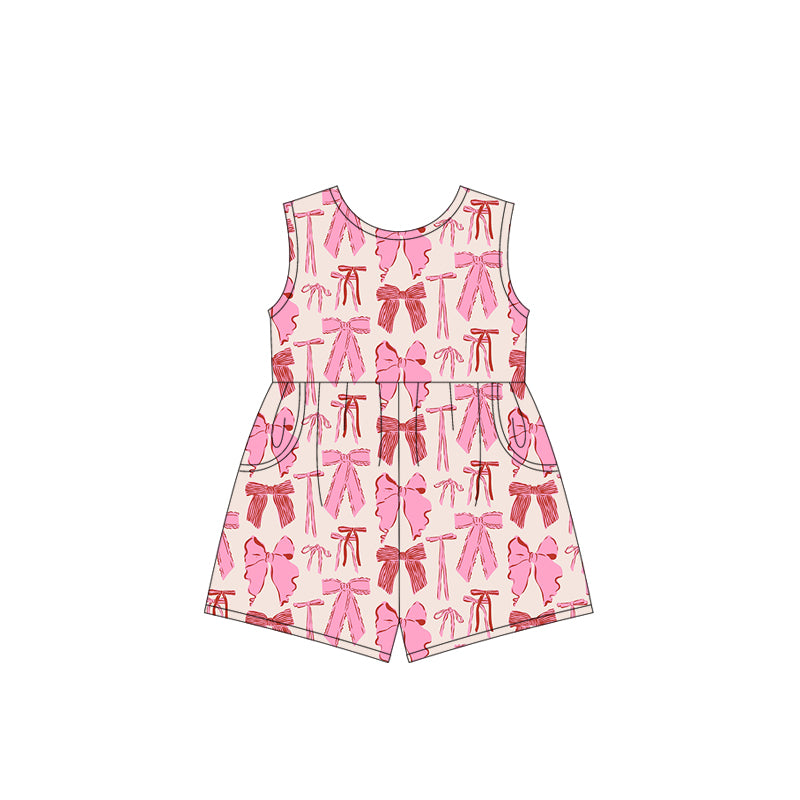 SR2670Pink short sleeves bow pocket girls summer jumpsuit