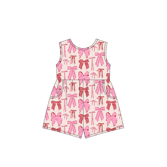 SR2670Pink short sleeves bow pocket girls summer jumpsuit